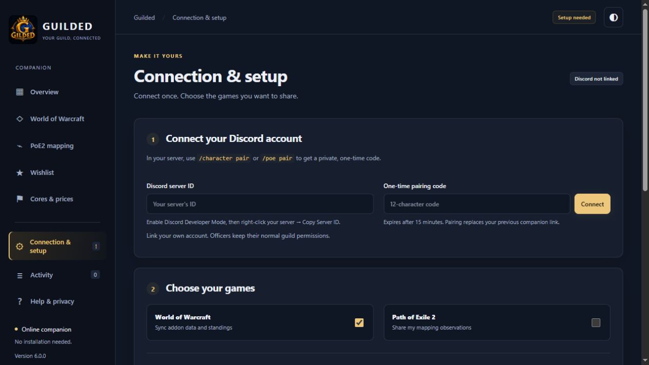 Guilded companion setup showing personal Discord pairing and game selection