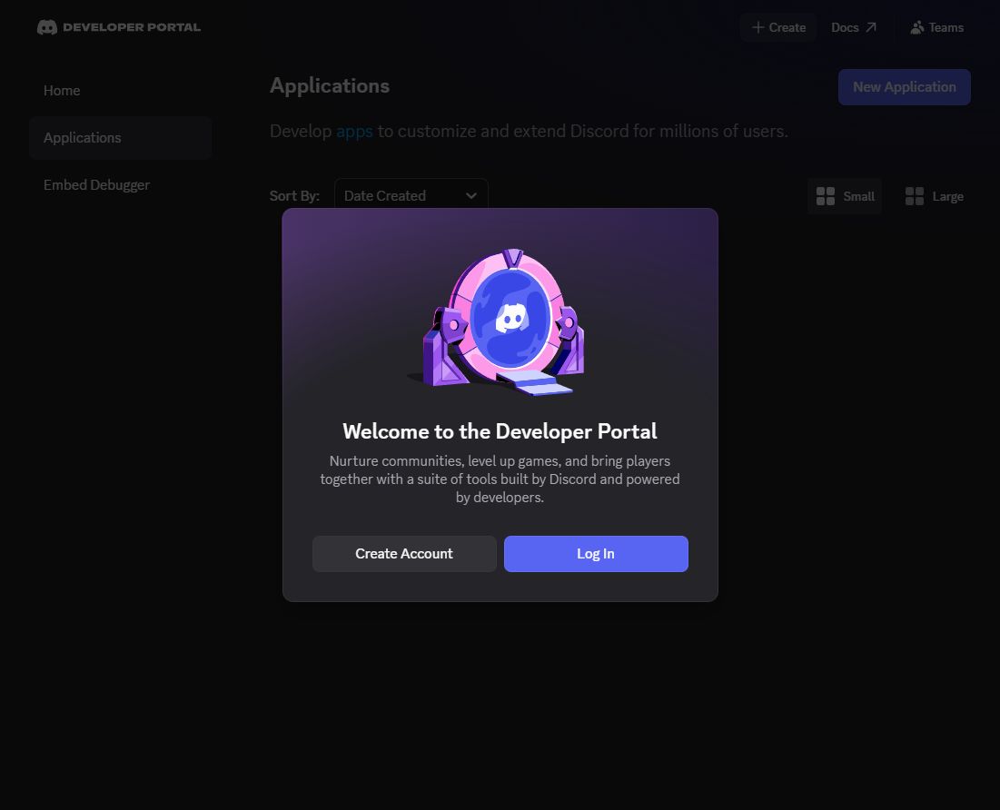Discord Developer Portal entry screen