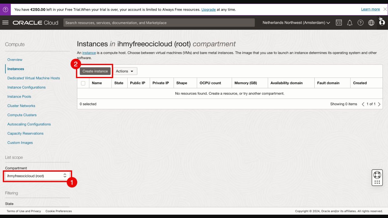 Official Oracle example of the Create Instance button